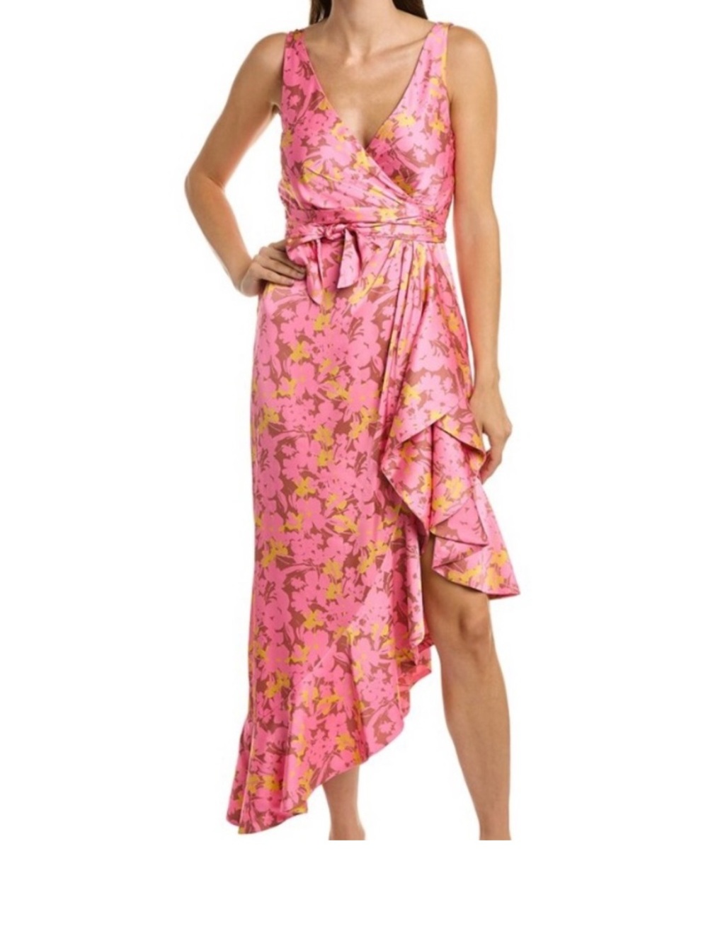 Hutch Tansy Floral Faux Wrap Midi Dress Pink Asymmetrical Ruffle Wedding Guest
